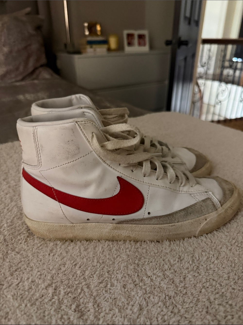 Nike Kids White High-Top Sneakers with Red Swoosh